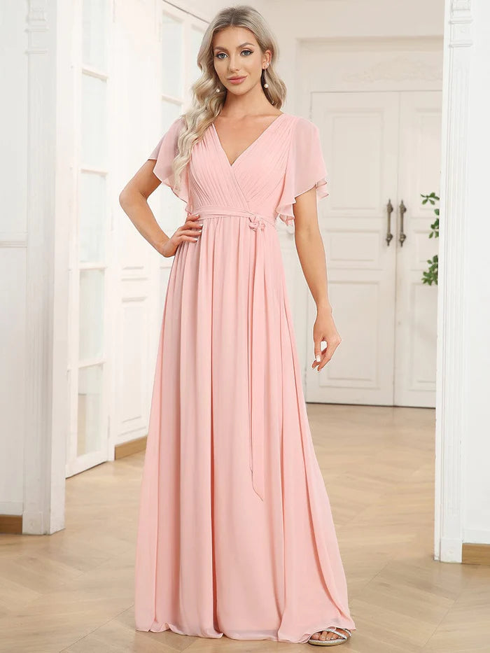 Custom Size V-Neck Flutter Sleeve Floor-Length A-Line Chiffon Evening Dress