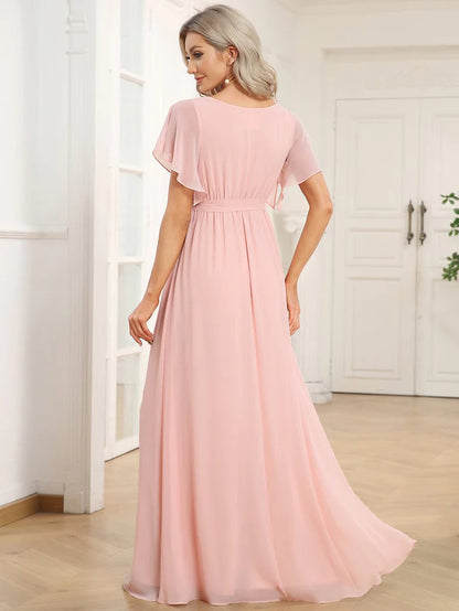 A-Line Pleated Chiffon Tie-Waist Evening Dress