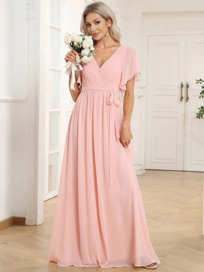 A-Line Pleated Chiffon Tie-Waist Evening Dress