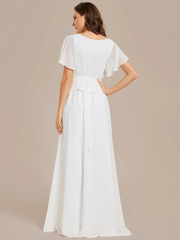 V-Neck Flutter Sleeve Floor-Length A-Line Chiffon Bridesmaid Dress