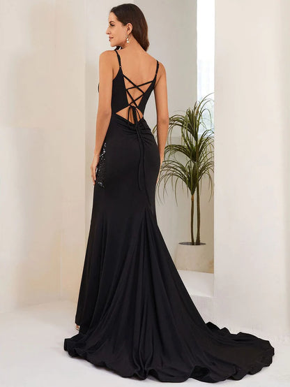 Back Lace-Up Pleated V-Neck Sequin Fishtail Evening Dress