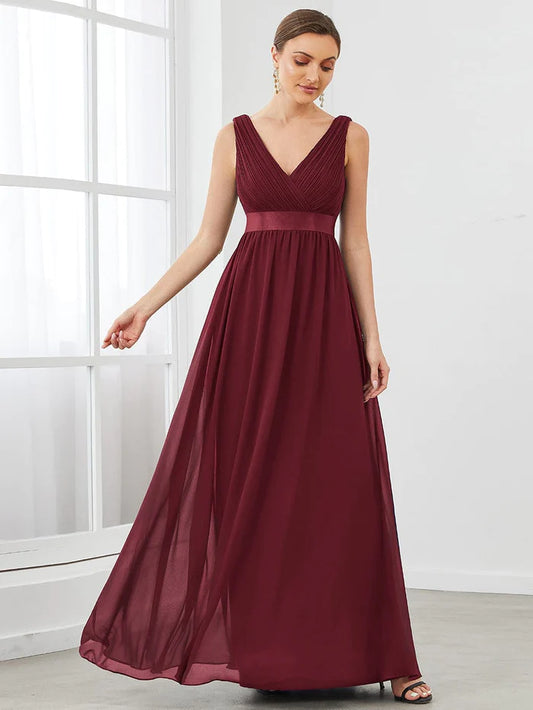 Satin Waist Sleeveless Pleated A-Line Evening Dress