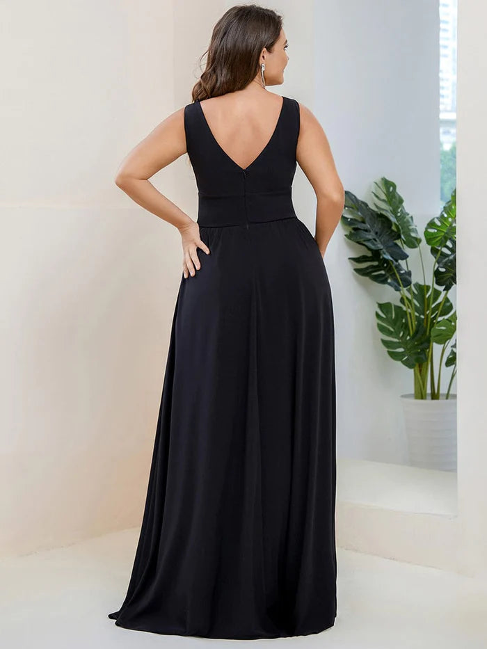 Plus Size Chiffon Lace Print Sleeveless Empire Waist V-Neck Evening Dress