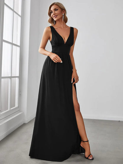 Sleeveless V-Neck Empire Waist High Slit Floor-Length Evening Dress