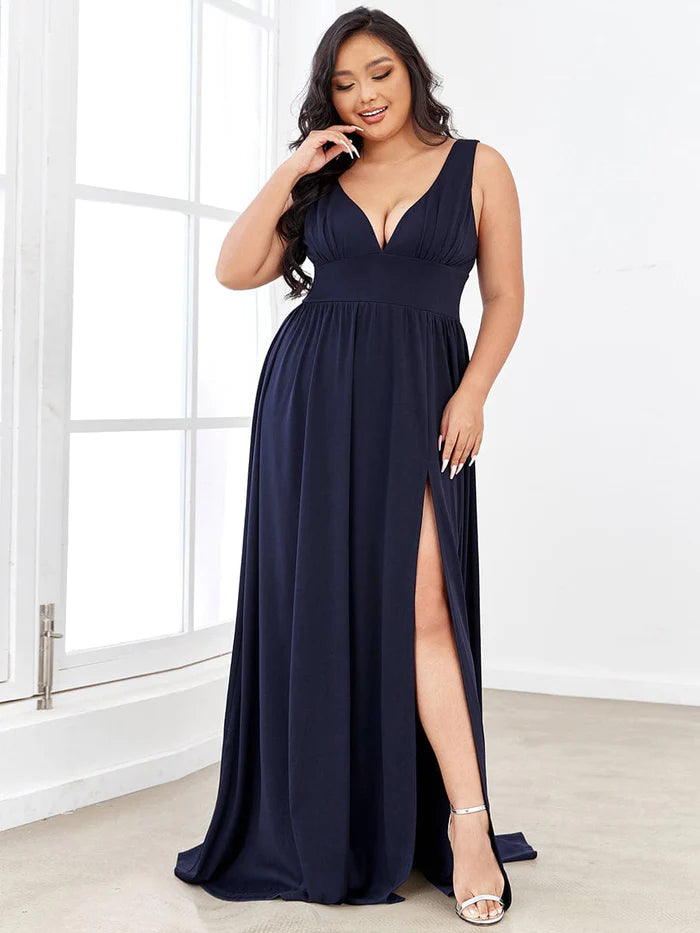 Plus Size Chiffon Lace Print Sleeveless Empire Waist V-Neck Evening Dress