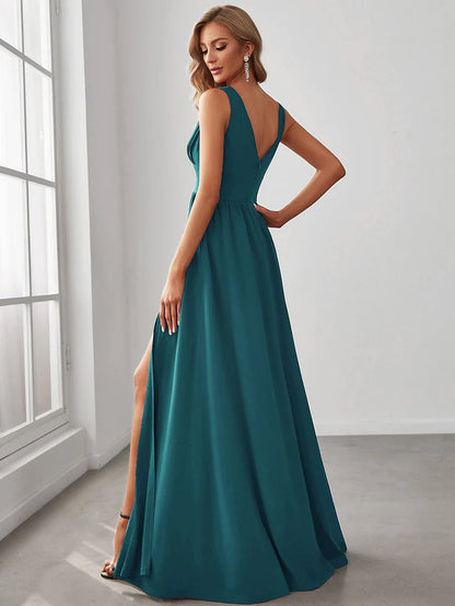 Sleeveless V-Neck Empire Waist High Slit Floor-Length Evening Dress