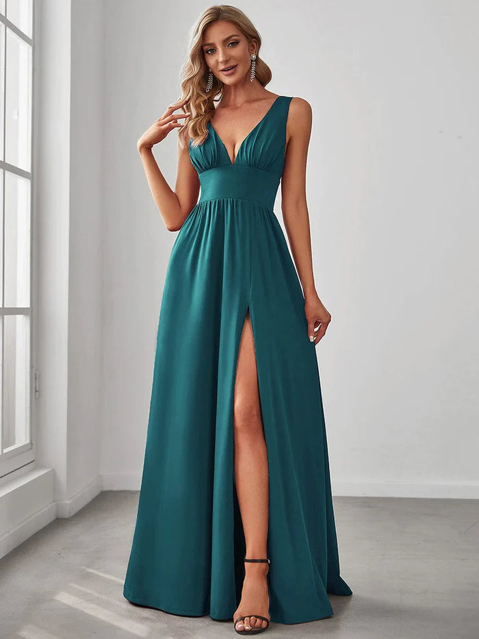 Sleeveless V-Neck Empire Waist High Slit Floor-Length Evening Dress