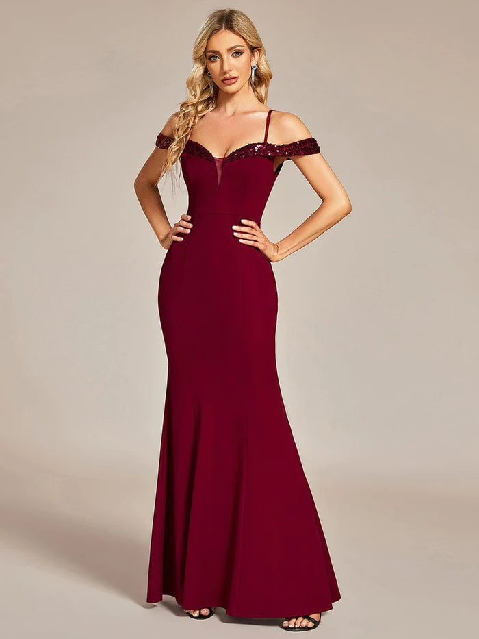 Elegant Sequin Sleeve Evening Dress with Spaghetti Straps