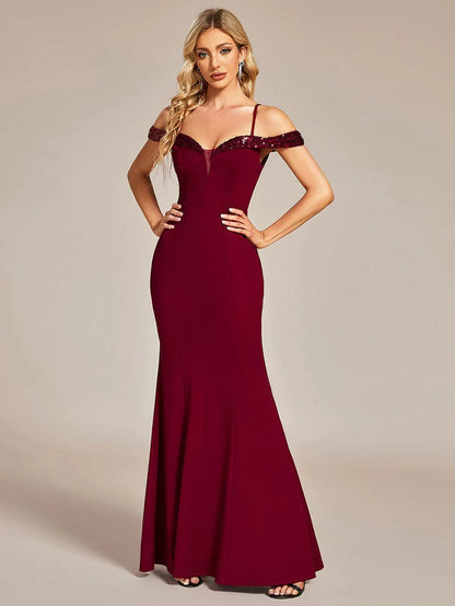 Elegant Sequin Sleeve Evening Dress with Spaghetti Straps