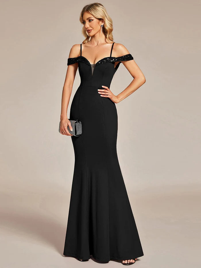 Elegant Sequin Sleeve Evening Dress with Spaghetti Straps