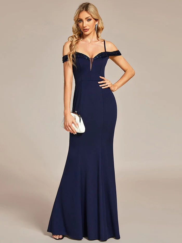 Elegant Sequin Sleeve Evening Dress with Spaghetti Straps