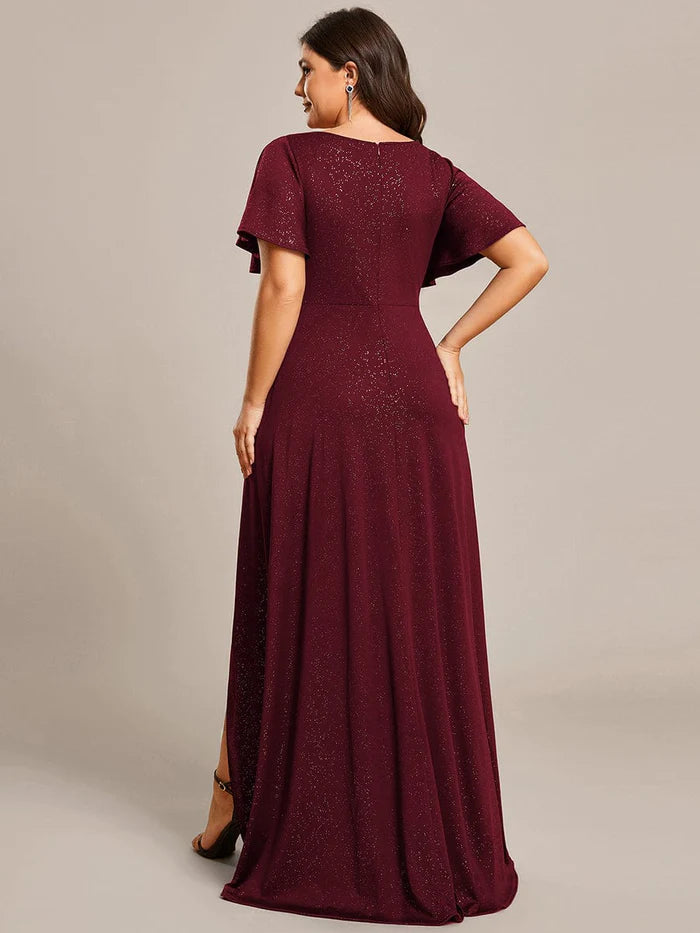 Plus Size Glittering High-Low Evening Dress with Flutter Sleeves