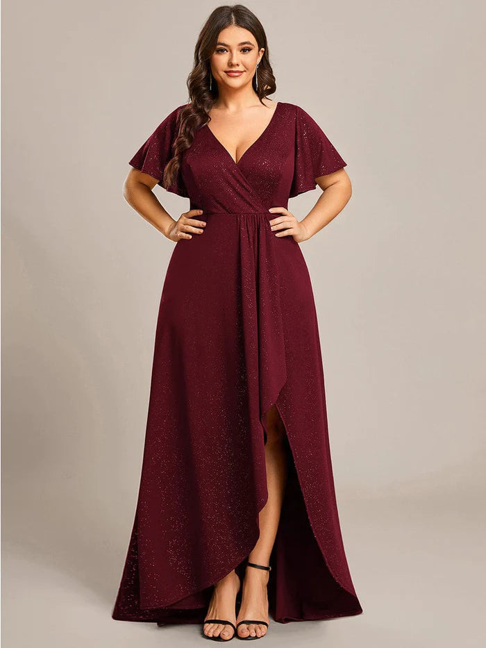 Plus Size Glitter Ruffled High-Low Front Slit Evening Dress