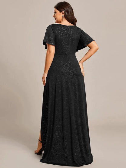 Plus Size Glittering High-Low Evening Dress with Flutter Sleeves