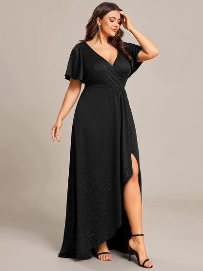 Plus Size Glitter Ruffled High-Low Front Slit Evening Dress