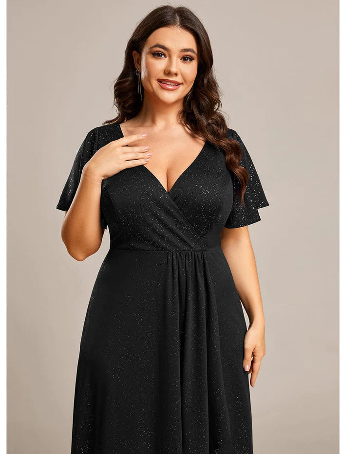 Plus Size Glitter Ruffled High-Low Front Slit Evening Dress