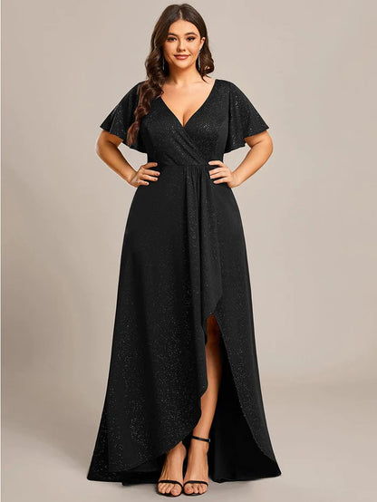 Plus Size Glittering High-Low Evening Dress with Flutter Sleeves