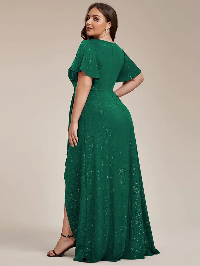 Plus Size Glittering High-Low Evening Dress with Flutter Sleeves