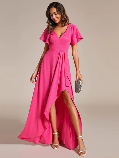 Glistening Ruffles Sleeve A-Line Front Side Slit V-Neck Formal Evening Dress