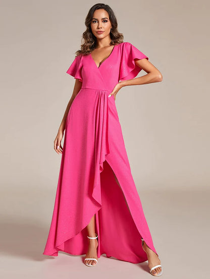 Glistening Ruffles Sleeve A-Line Front Side Slit V-Neck Formal Evening Dress