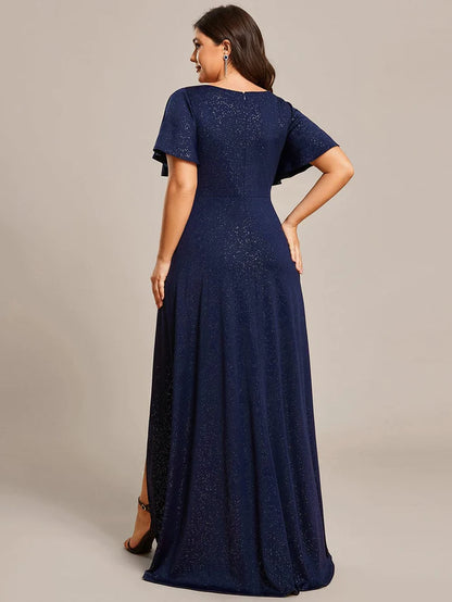 Plus Size Glittering High-Low Evening Dress with Flutter Sleeves