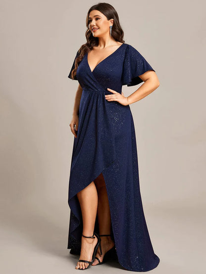 Plus Size Glittering High-Low Evening Dress with Flutter Sleeves