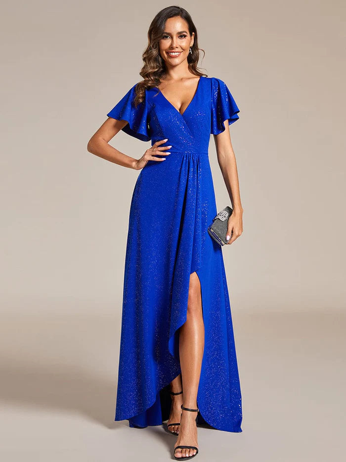 Glistening Ruffles Sleeve A-Line Front Side Slit V-Neck Formal Evening Dress