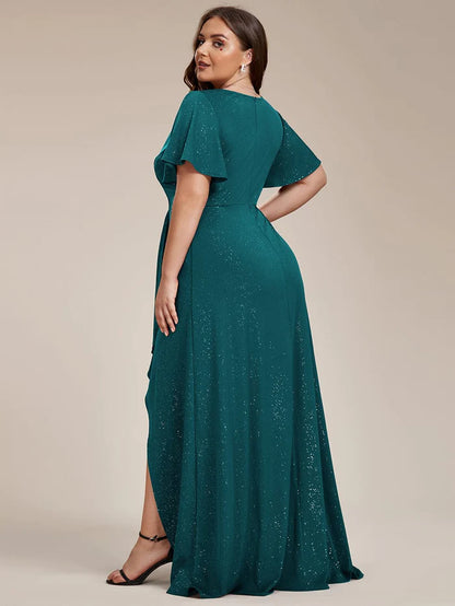 Plus Size Glitter Ruffled High-Low Front Slit Evening Dress