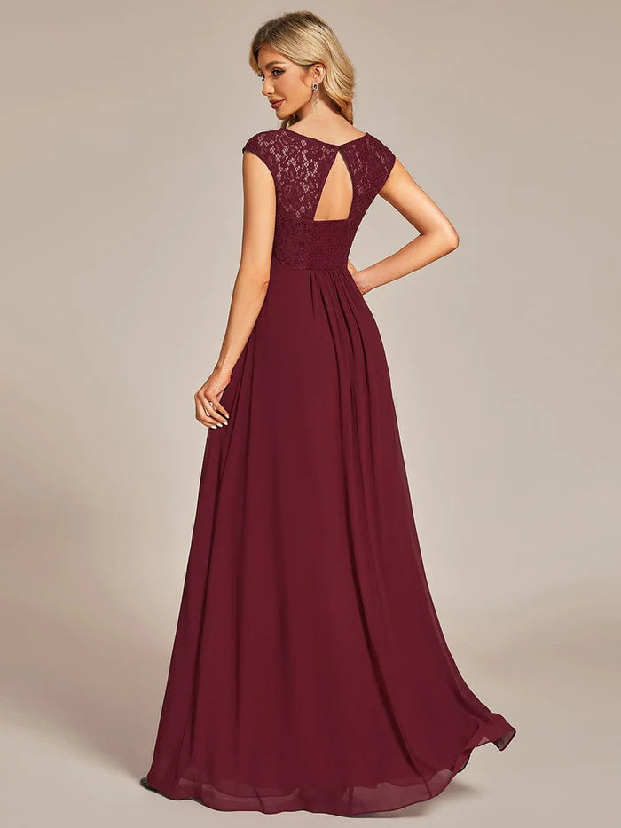 Elegant Chiffon Maxi Formal Evening Dress with Lace Cap Sleeve