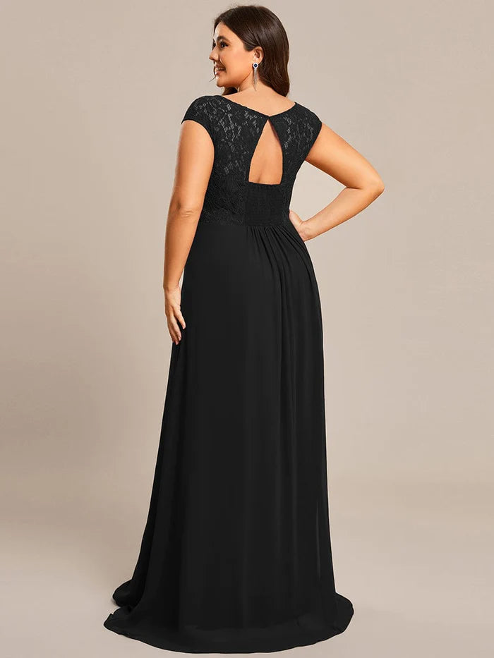 Elegant Chiffon Maxi Formal Evening Dress with Lace Cap Sleeve