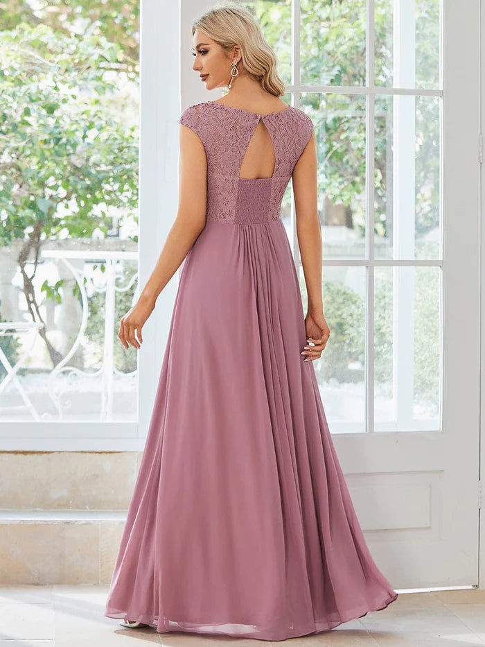 Elegant Chiffon Maxi Formal Evening Dress with Lace Cap Sleeve