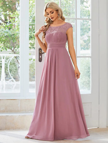 Lace Chiffon Long Bridesmaid Dress with Open Back