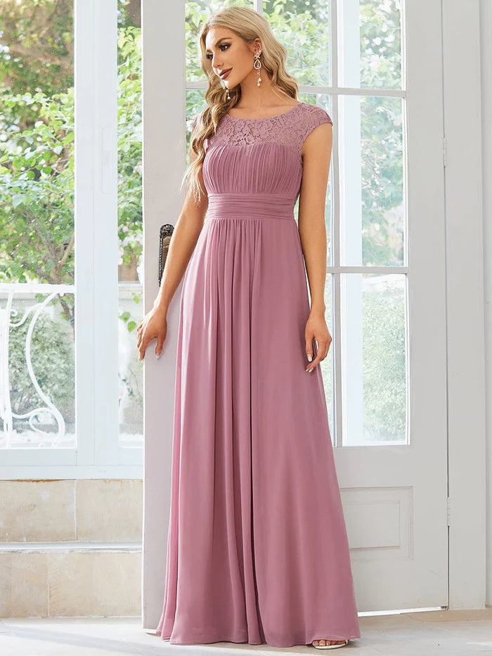 Elegant Chiffon Maxi Formal Evening Dress with Lace Cap Sleeve