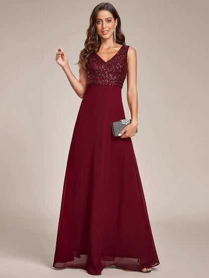 Sparkling Sequin V-Neck A-Line Evening Dress