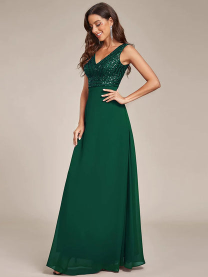 Sparkling Sequin V-Neck A-Line Evening Dress