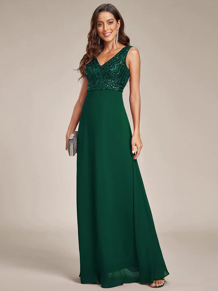 Sparkling Sequin V-Neck A-Line Evening Dress