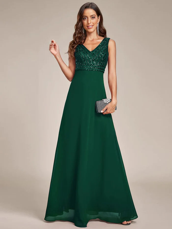 Sparkling Sequin V-Neck A-Line Evening Dress