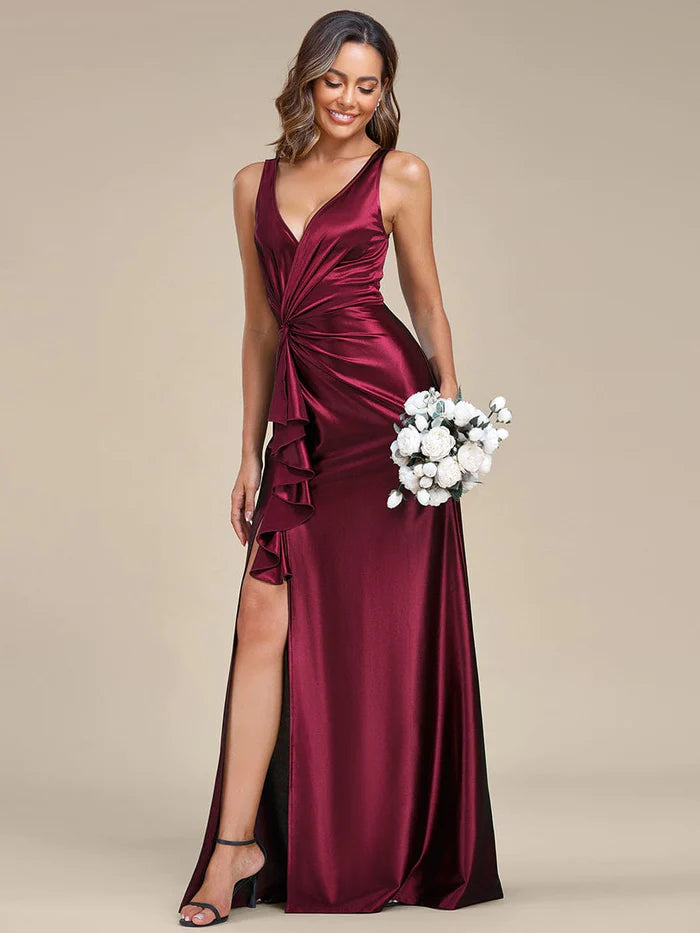 Elegant V Neck Pleated High Slit Satin Evening Dress