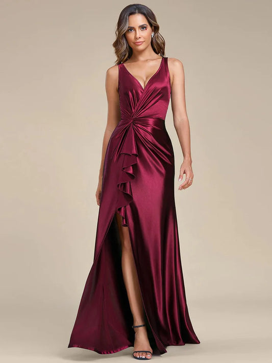 Elegant V Neck Pleated High Slit Satin Evening Dress