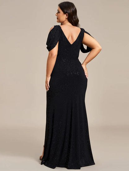 Cold Shoulder Glitter Backless Evening Dress with Shiny Belt