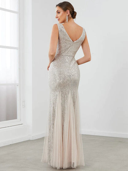 Sleeveless Bodycon Asymmetrical Hem Sequin Evening Dress