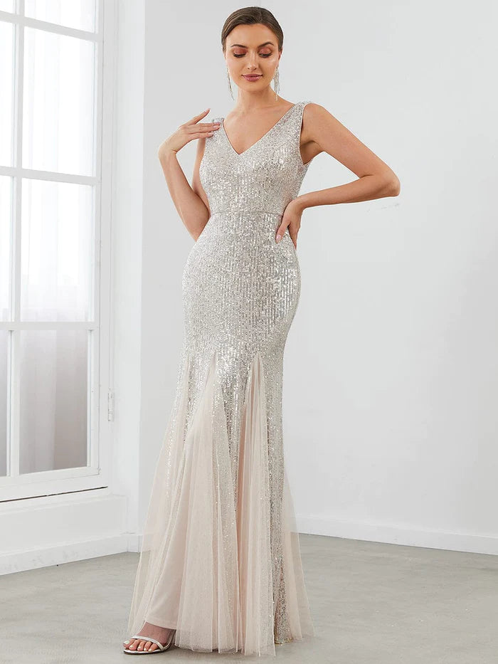 Sleeveless Bodycon Asymmetrical Hem Sequin Evening Dress