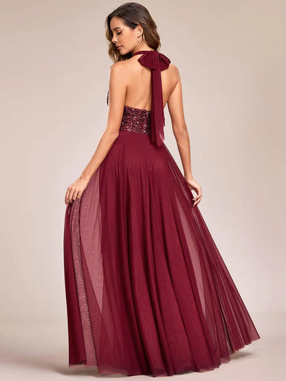 Sparkling Sequin Halter Neck A Line Tulle Evening Dress