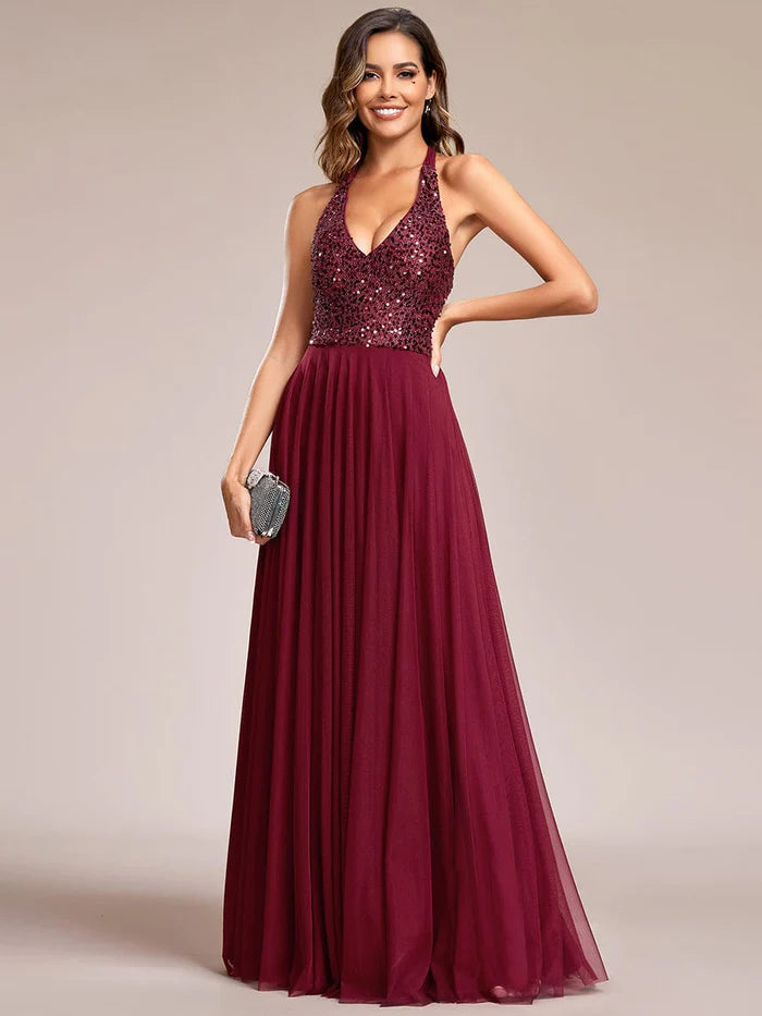 Sparkling Sequin Halter Neck A Line Tulle Evening Dress