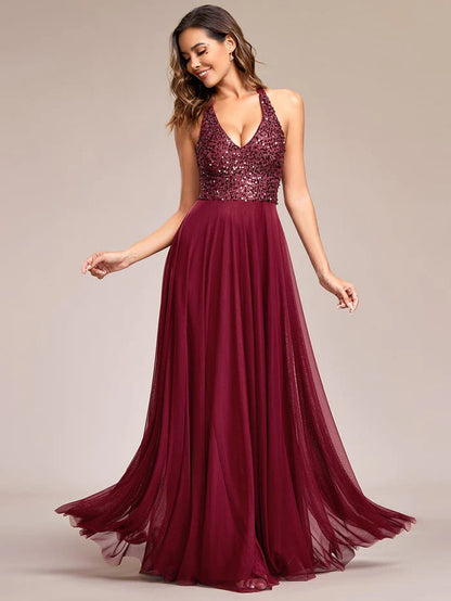 Sparkling Sequin Halter Neck A Line Tulle Evening Dress