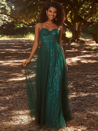 Elegant Sequin Spaghetti Strap A-Line Evening Dress