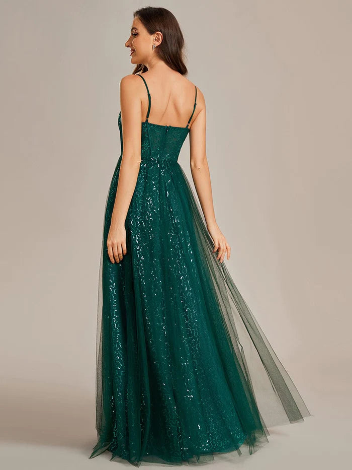 Elegant Sequin Spaghetti Strap A-Line Evening Dress