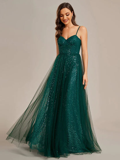 Elegant Sequin Spaghetti Strap A-Line Evening Dress