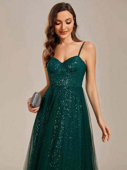 Elegant Sequin Spaghetti Strap A-Line Evening Dress