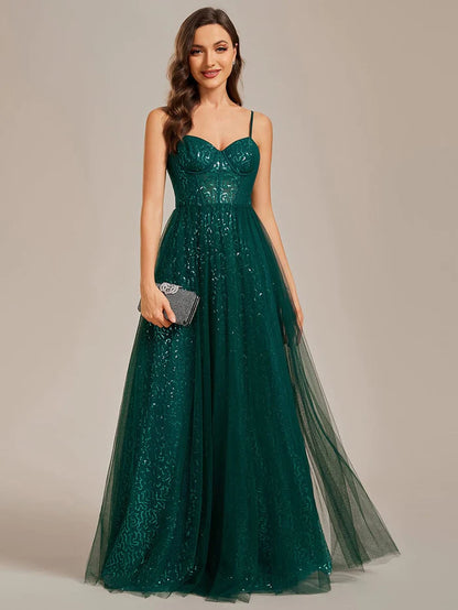 Elegant Sequin Spaghetti Strap A-Line Evening Dress